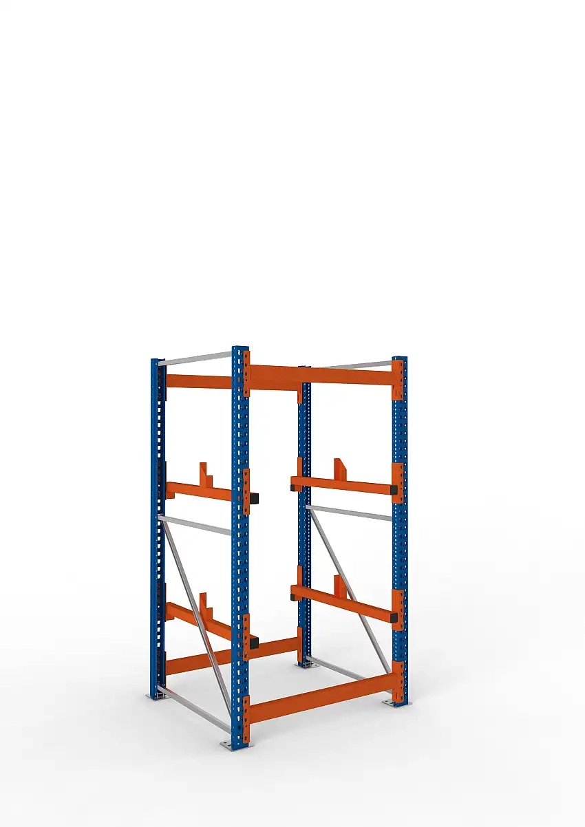 Meta Kabeltrommelregal MULTIPAL Typ 1 | Grundregal | HxBxT 220x110x110cm | 2 Trommelaufnahmen, ohne Achsen | Blau/Orange