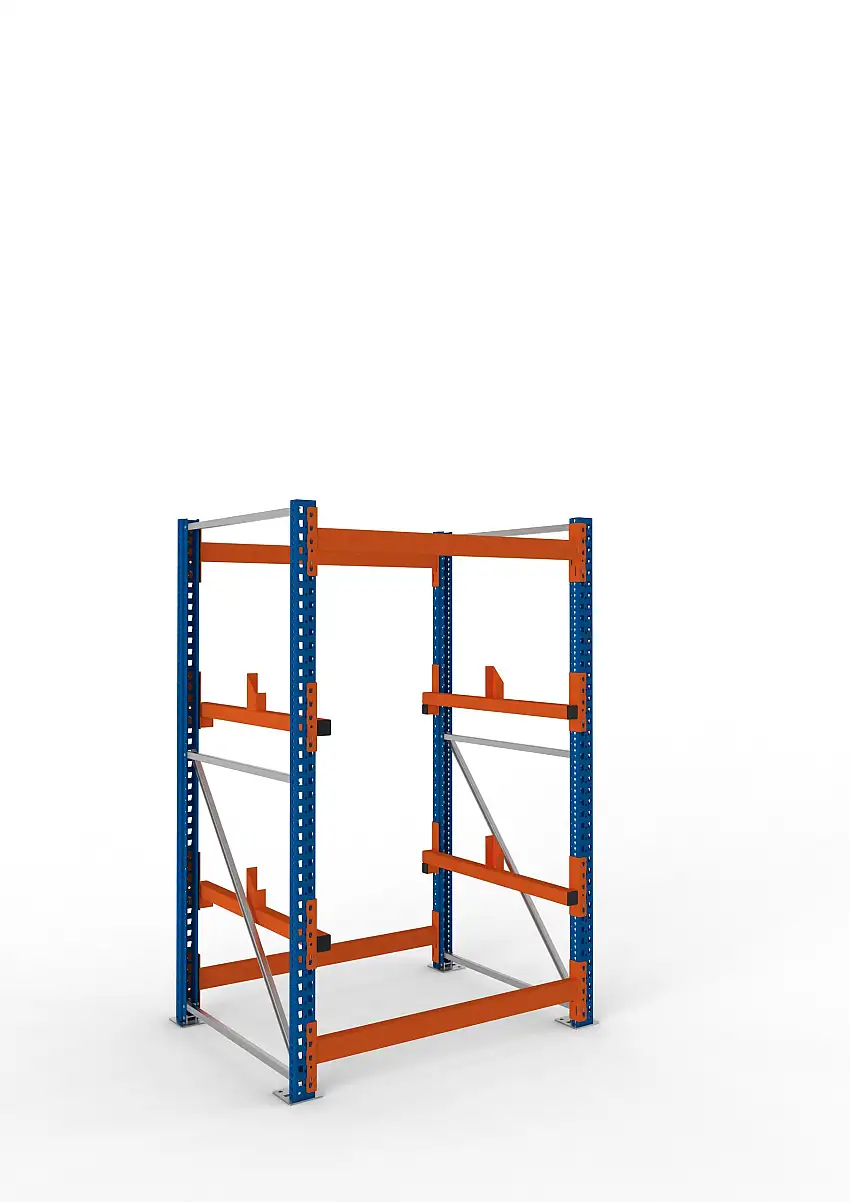 Meta Kabeltrommelregal MULTIPAL Typ 1 | Grundregal | HxBxT 220x130x110cm | 2 Trommelaufnahmen, ohne Achsen | Blau/Orange