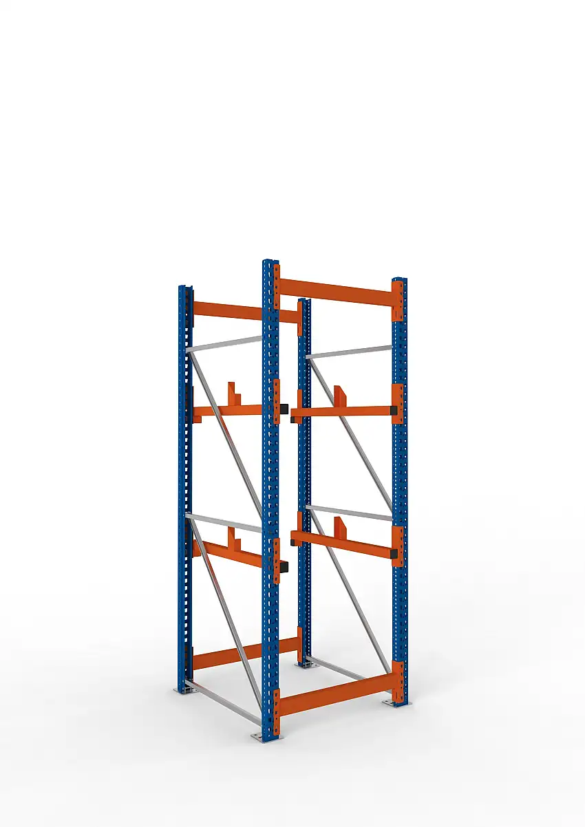 Meta Kabeltrommelregal MULTIPAL Typ 1 | Grundregal | HxBxT 270x90x110cm | 2 Trommelaufnahmen, ohne Achsen | Blau/Orange