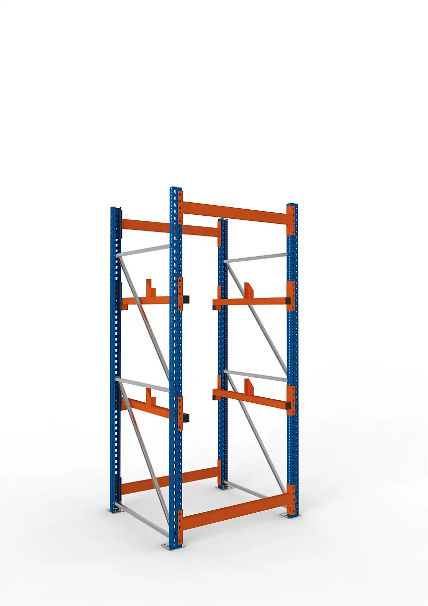 Meta Kabeltrommelregal MULTIPAL Typ 1 | Grundregal | HxBxT 270x110x110cm | 2 Trommelaufnahmen, ohne Achsen | Blau/Orange