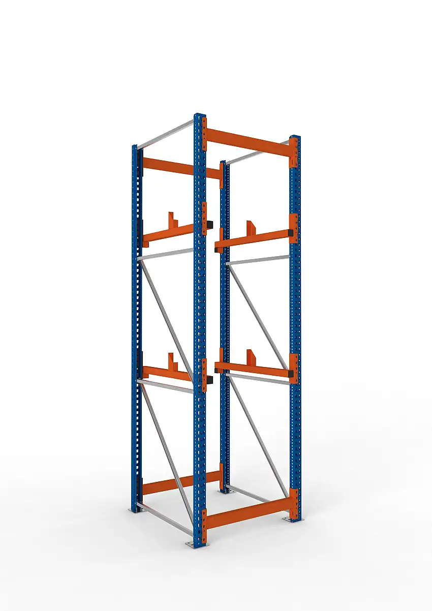 Meta Kabeltrommelregal MULTIPAL Typ 1 | Grundregal | HxBxT 330x90x110cm | 2 Trommelaufnahmen, ohne Achsen | Blau/Orange