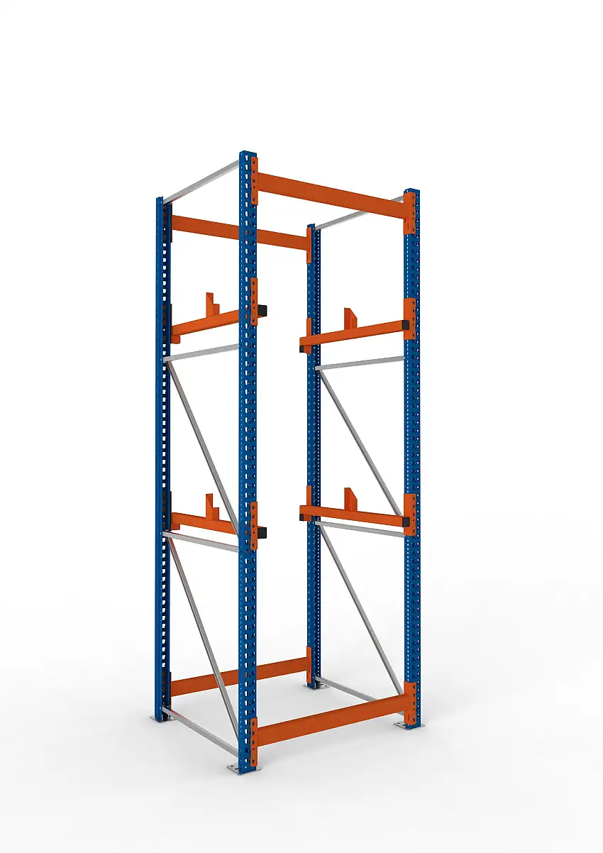 Meta Kabeltrommelregal MULTIPAL Typ 1 | Grundregal | HxBxT 330x110x110cm | 2 Trommelaufnahmen, ohne Achsen | Blau/Orange
