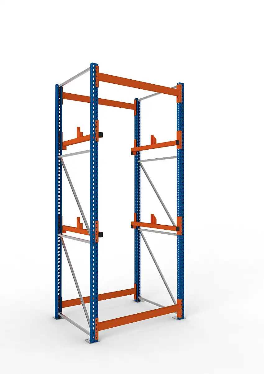 Meta Kabeltrommelregal MULTIPAL Typ 1 | Grundregal | HxBxT 330x130x110cm | 2 Trommelaufnahmen, ohne Achsen | Blau/Orange
