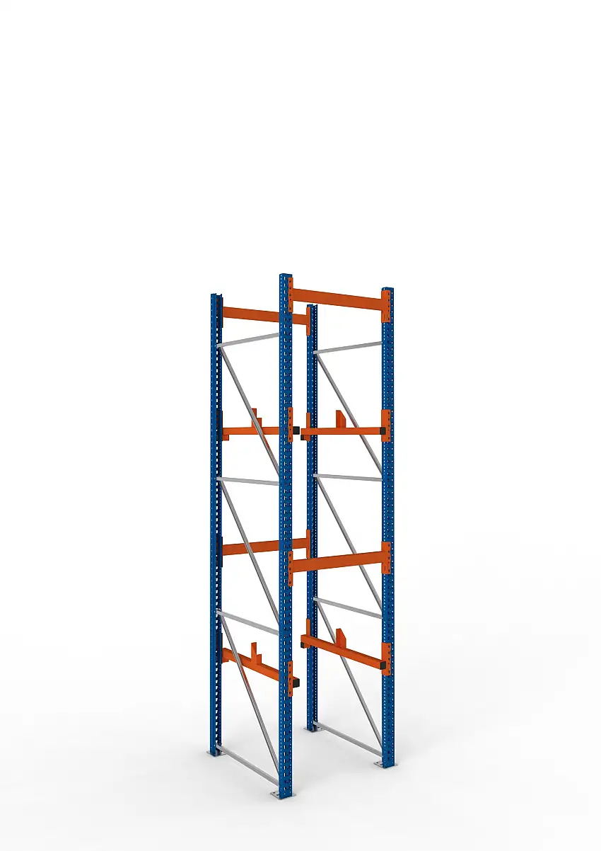 Meta Kabeltrommelregal MULTIPAL Typ 1 | Grundregal | HxBxT 380x90x110cm | 2 Trommelaufnahmen, ohne Achsen | Blau/Orange