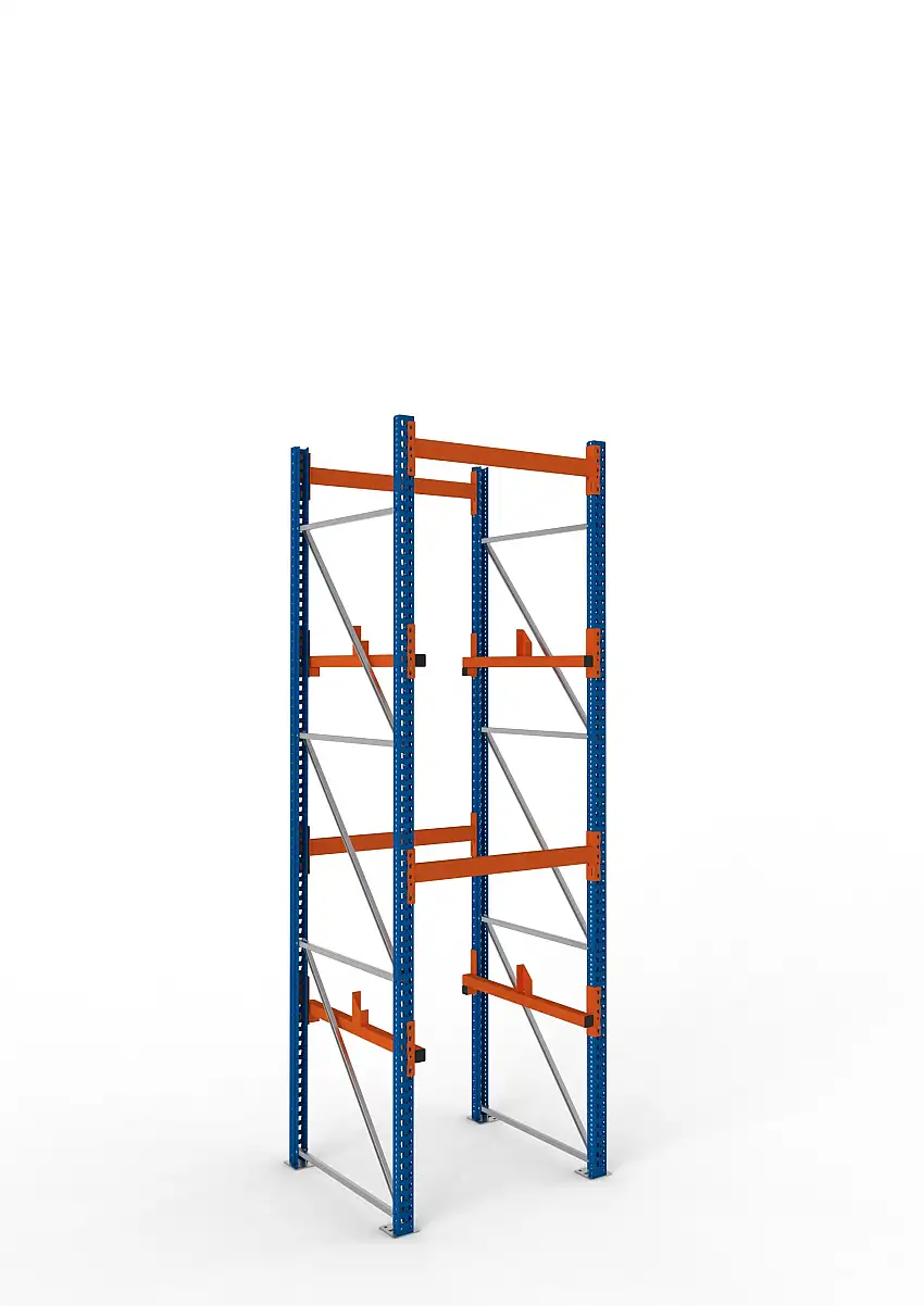 Meta Kabeltrommelregal MULTIPAL Typ 1 | Grundregal | HxBxT 380x110x110cm | 2 Trommelaufnahmen, ohne Achsen | Blau/Orange