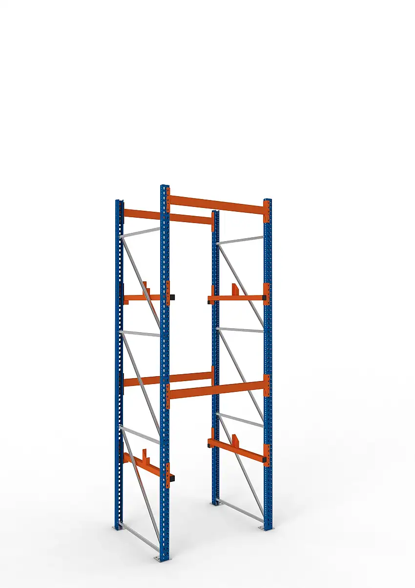 Meta Kabeltrommelregal MULTIPAL Typ 1 | Grundregal | HxBxT 380x130x110cm | 2 Trommelaufnahmen, ohne Achsen | Blau/Orange