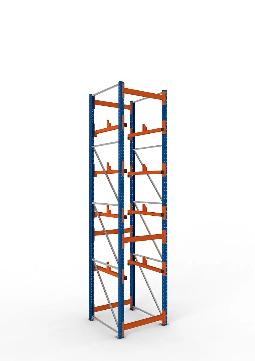 Meta Kabeltrommelregal MULTIPAL Typ 1 | Grundregal | HxBxT 440x90x110cm | 4 Trommelaufnahmen, ohne Achsen | Blau/Orange