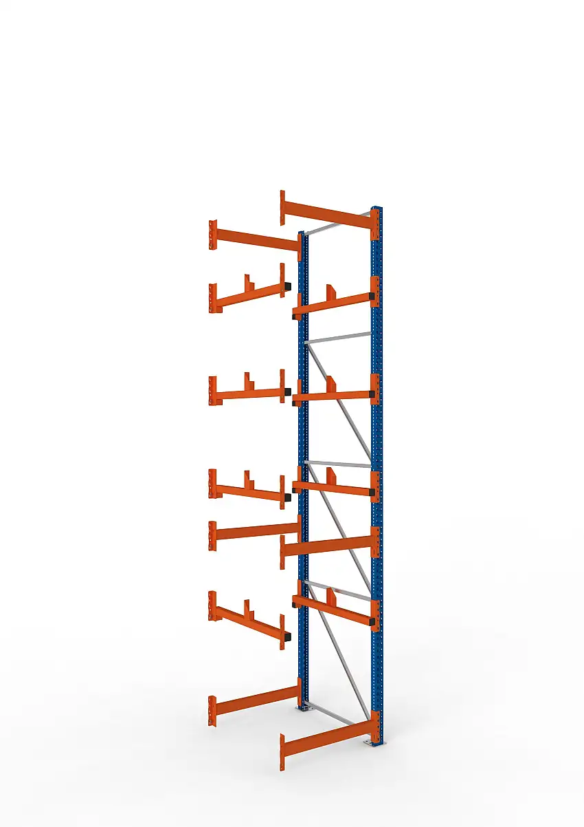 Meta Kabeltrommelregal MULTIPAL Typ 1 | Anbauregal | HxBxT 440x90x110cm | 4 Trommelaufnahmen, ohne Achsen | Blau/Orange