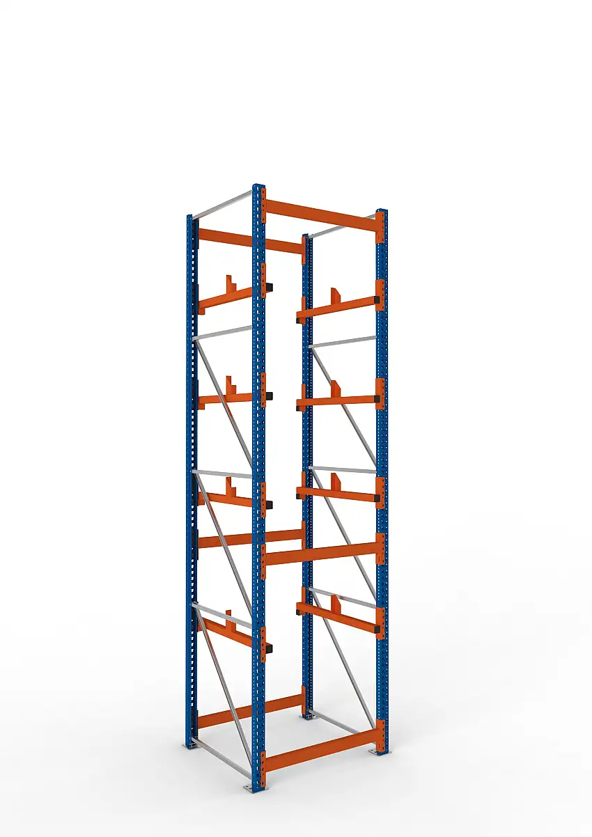 Meta Kabeltrommelregal MULTIPAL Typ 1 | Grundregal | HxBxT 440x110x110cm | 4 Trommelaufnahmen, ohne Achsen | Blau/Orange