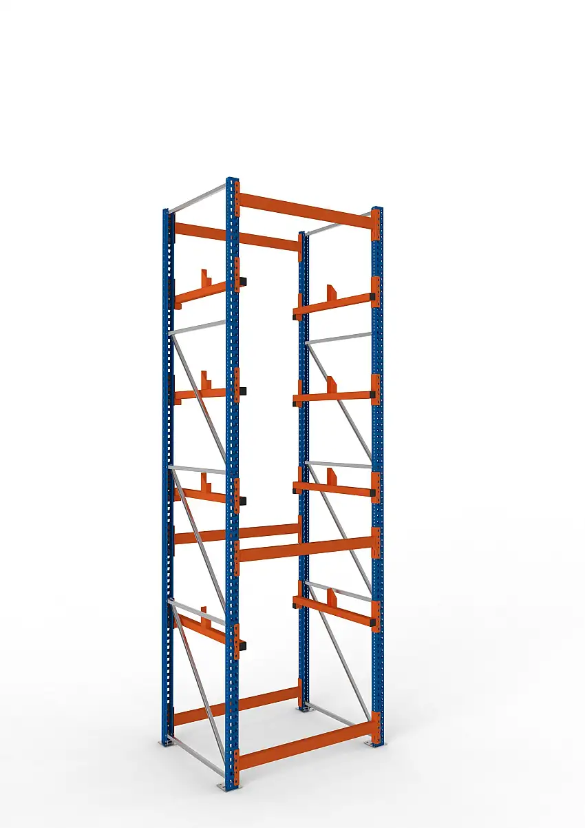 Meta Kabeltrommelregal MULTIPAL Typ 1 | Grundregal | HxBxT 440x130x110cm | 4 Trommelaufnahmen, ohne Achsen | Blau/Orange
