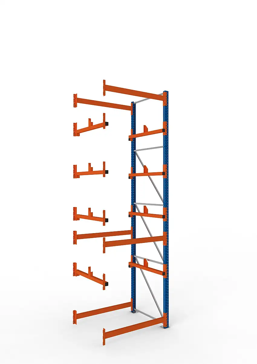Meta Kabeltrommelregal MULTIPAL Typ 1 | Anbauregal | HxBxT 440x130x110cm | 4 Trommelaufnahmen, ohne Achsen | Blau/Orange