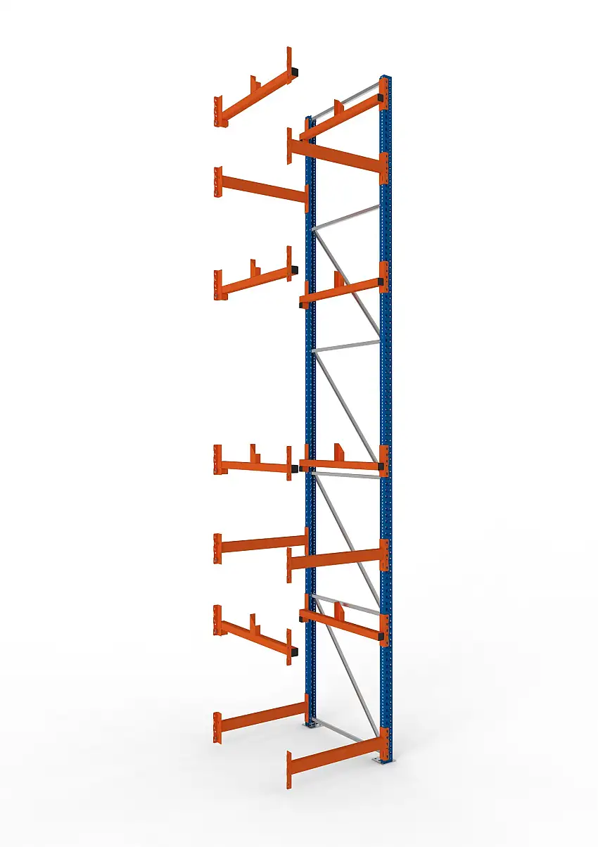 Meta Kabeltrommelregal MULTIPAL Typ 1 | Anbauregal | HxBxT 550x90x110cm | 4 Trommelaufnahmen, ohne Achsen | Blau/Orange
