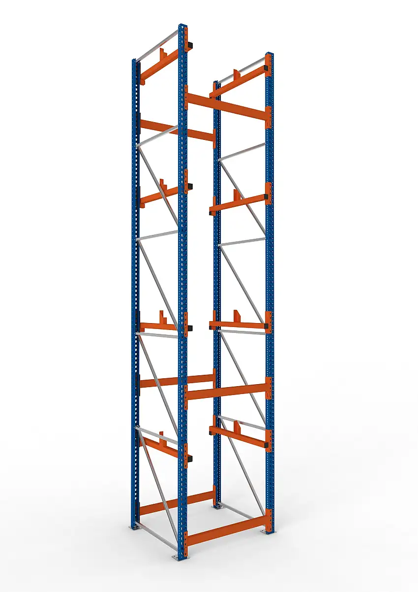 Meta Kabeltrommelregal MULTIPAL Typ 1 | Grundregal | HxBxT 550x110x110cm | 4 Trommelaufnahmen, ohne Achsen | Blau/Orange