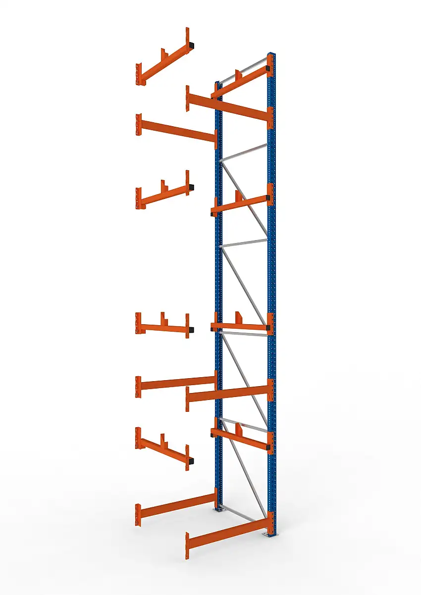 Meta Kabeltrommelregal MULTIPAL Typ 1 | Anbauregal | HxBxT 550x110x110cm | 4 Trommelaufnahmen, ohne Achsen | Blau/Orange