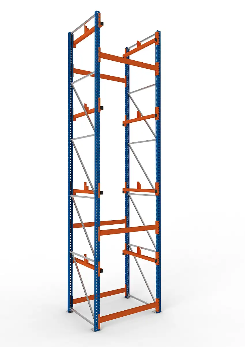 Meta Kabeltrommelregal MULTIPAL Typ 1 | Grundregal | HxBxT 550x130x110cm | 4 Trommelaufnahmen, ohne Achsen | Blau/Orange