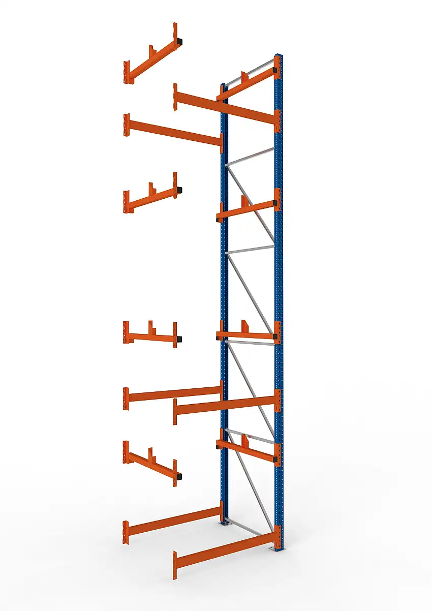 Meta Kabeltrommelregal MULTIPAL Typ 1 | Anbauregal | HxBxT 550x130x110cm | 4 Trommelaufnahmen, ohne Achsen | Blau/Orange