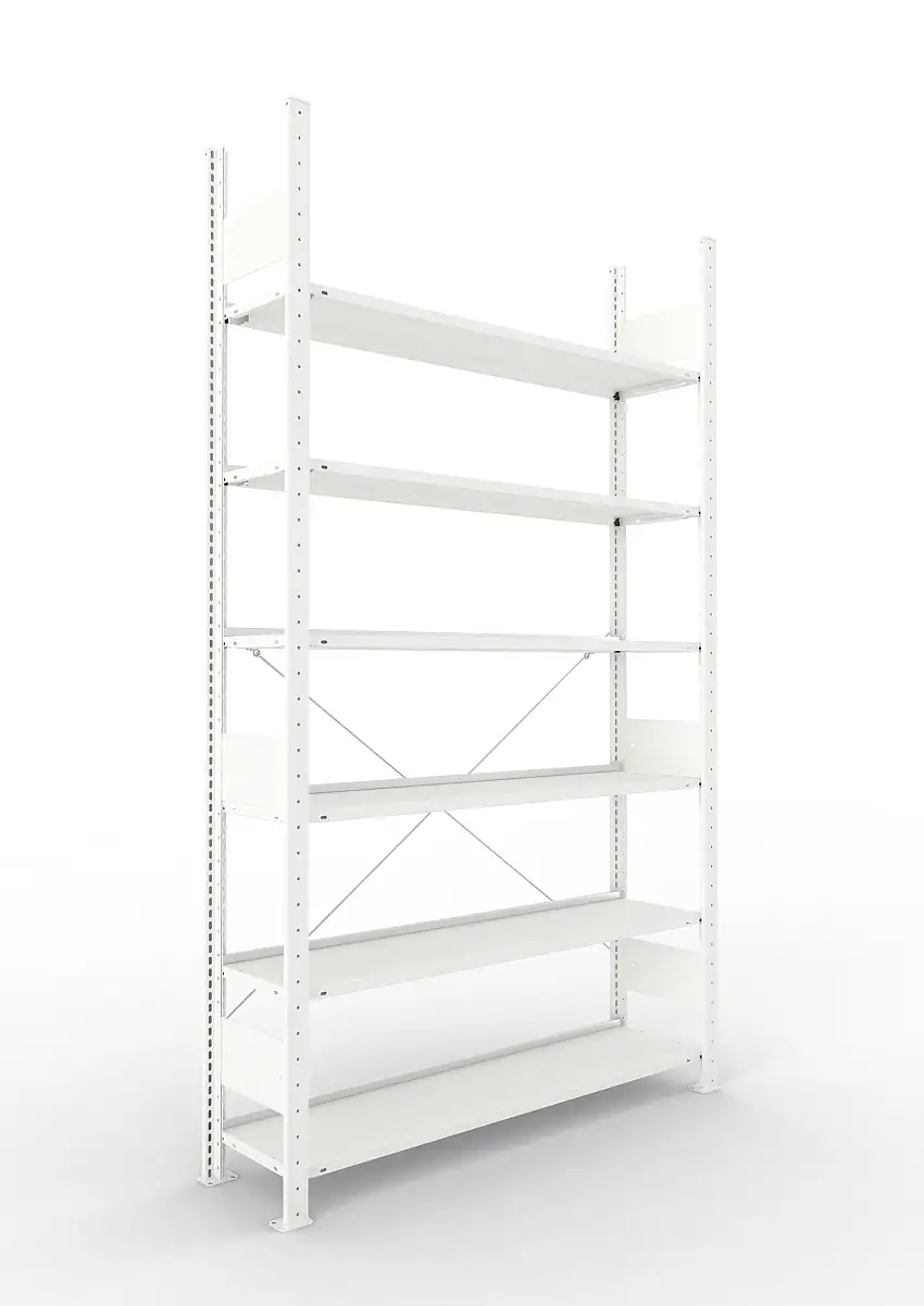 Meta Aktenregal Stecksystem CLIP mit vorgefertigten Rahmen | Grundregal | HxBxT 220x125x30cm | 6 Ebenen | Fachlast 80kg | Einseitig nutzbar | Lichtgrau