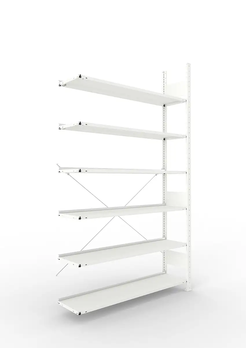 Meta Aktenregal Stecksystem CLIP mit vorgefertigten Rahmen | Anbauregal | HxBxT 220x125x30cm | 6 Ebenen | Fachlast 80kg | Einseitig nutzbar | Lichtgrau