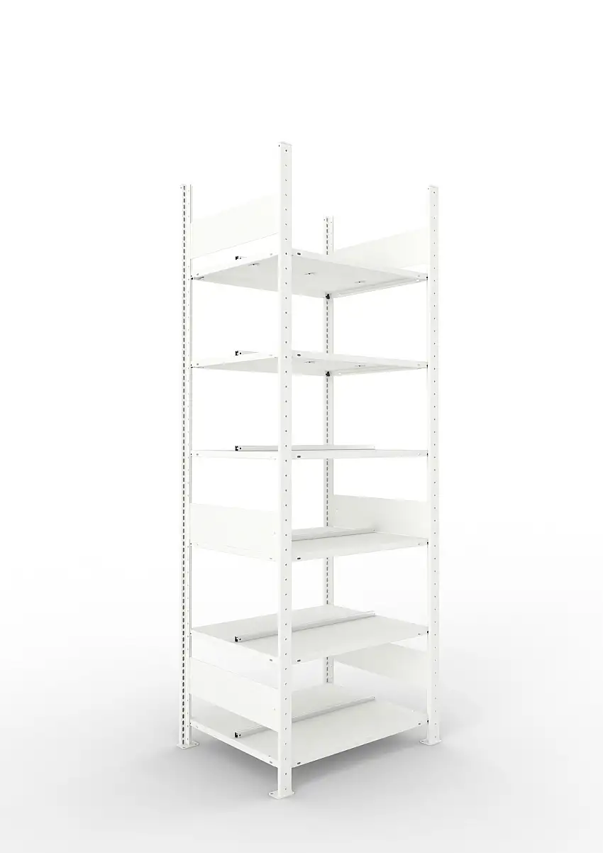 Meta Aktenregal Stecksystem CLIP mit vorgefertigten Rahmen | Grundregal | HxBxT 220x75x60cm | 6 Ebenen | Fachlast 100kg | Beidseitig nutzbar | Lichtgrau
