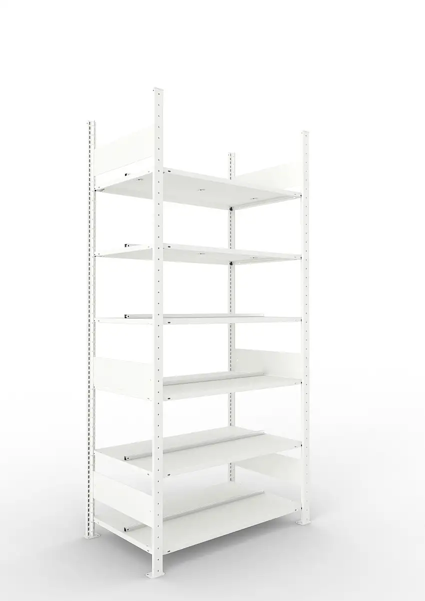 Meta Aktenregal Stecksystem CLIP mit vorgefertigten Rahmen | Grundregal | HxBxT 220x100x60cm | 6 Ebenen | Fachlast 100kg | Beidseitig nutzbar | Lichtgrau