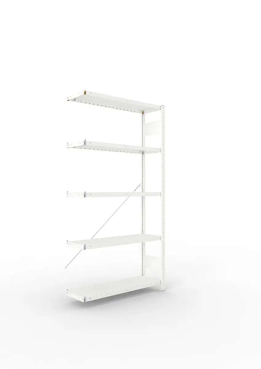 Meta Fachbodenregal Stecksystem CLIP mit vorgefertigten Rahmen | Anbauregal | HxBxT 200x100x30cm | 5 Ebenen | Fachlast 230kg | Einseitig nutzbar | Lichtgrau