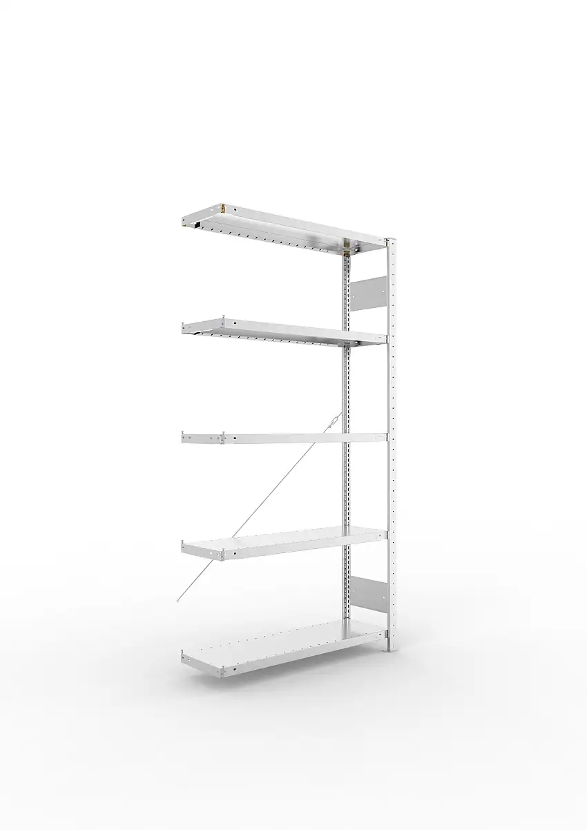 Meta Fachbodenregal Stecksystem S3 CLIP | Anbauregal | HxBxT 200x100x30cm | 5 Ebenen | Fachlast 100kg | Einseitig nutzbar | Verzinkt