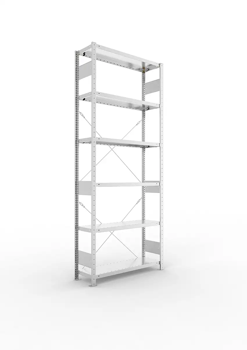 Meta Fachbodenregal Stecksystem S3 CLIP | Grundregal | HxBxT 250x100x30cm | 6 Ebenen | Fachlast 100kg | Einseitig nutzbar | Verzinkt