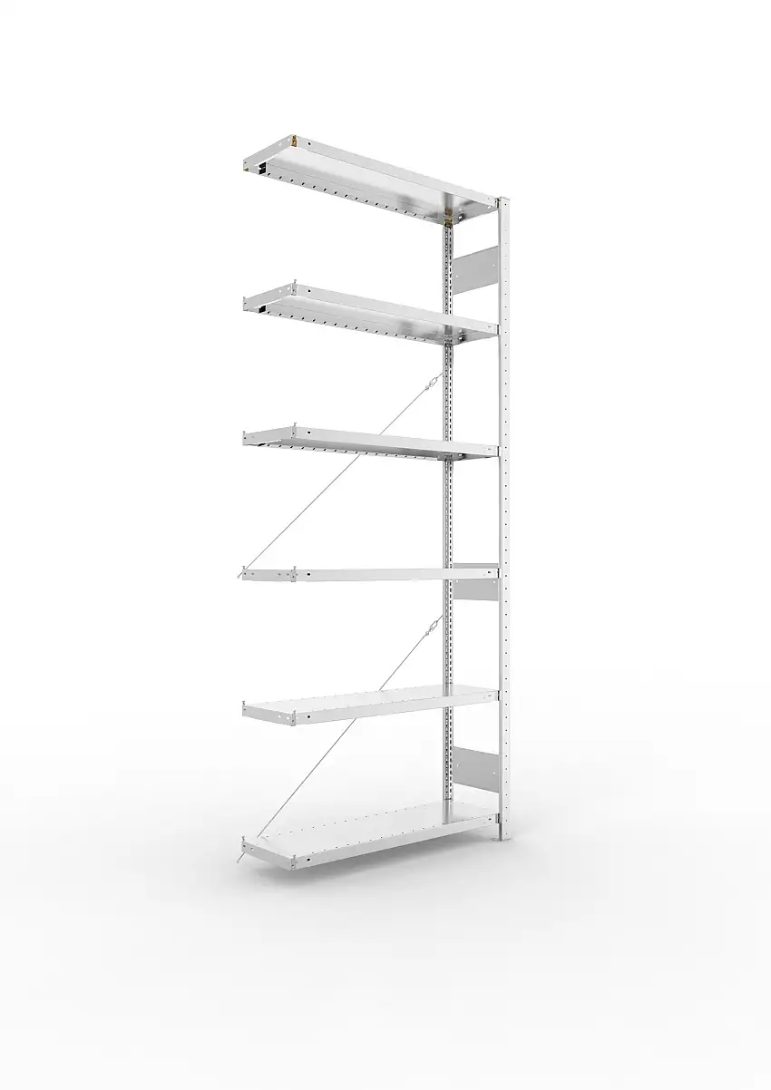 Meta Fachbodenregal Stecksystem S3 CLIP | Anbauregal | HxBxT 250x100x30cm | 6 Ebenen | Fachlast 100kg | Einseitig nutzbar | Verzinkt