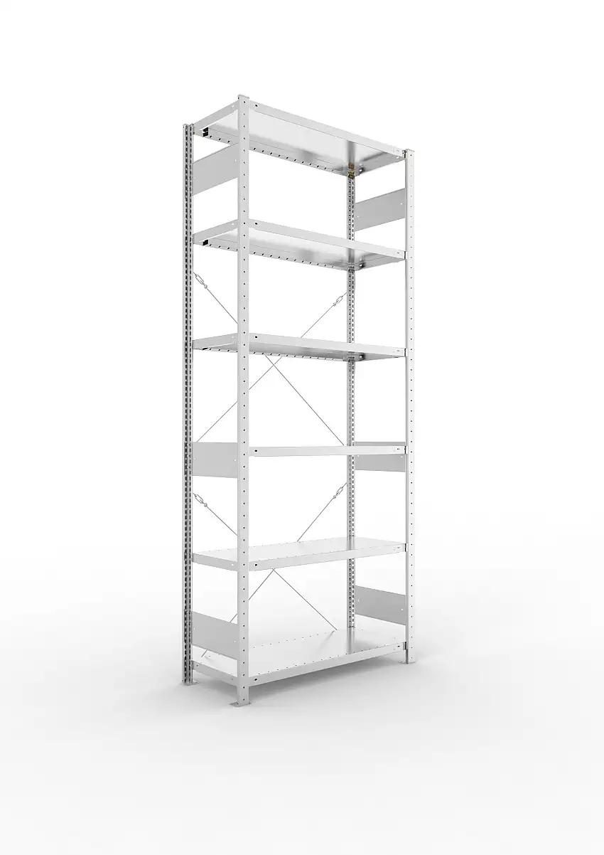 Meta Fachbodenregal Stecksystem S3 CLIP | Grundregal | HxBxT 250x100x40cm | 6 Ebenen | Fachlast 100kg | Einseitig nutzbar | Verzinkt