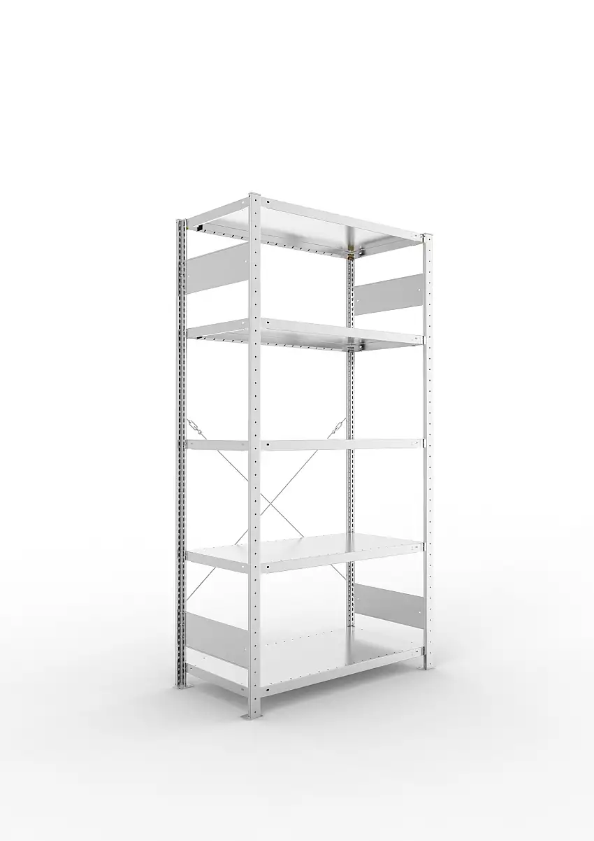Meta Fachbodenregal Stecksystem S3 CLIP | Grundregal | HxBxT 200x100x50cm | 5 Ebenen | Fachlast 100kg | Einseitig nutzbar | Verzinkt