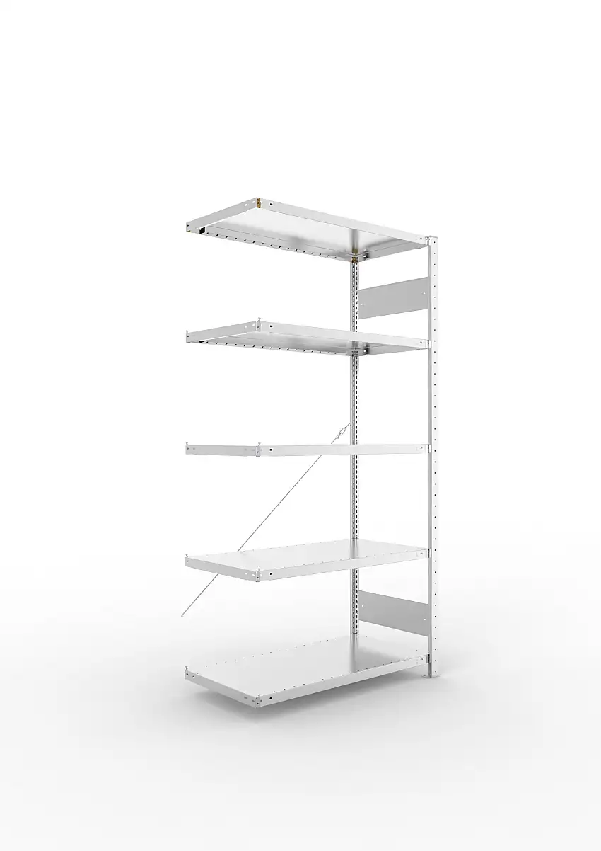 Meta Fachbodenregal Stecksystem S3 CLIP | Anbauregal | HxBxT 200x100x50cm | 5 Ebenen | Fachlast 100kg | Einseitig nutzbar | Verzinkt