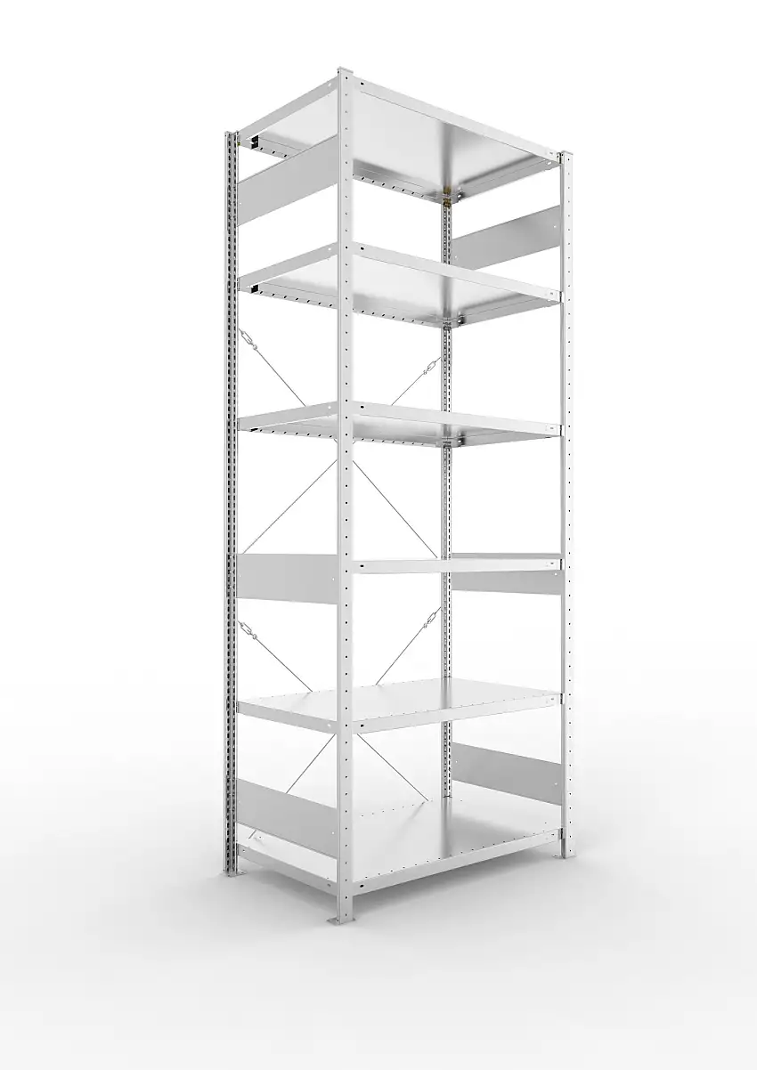 Meta Fachbodenregal Stecksystem S3 CLIP | Grundregal | HxBxT 250x100x60cm | 6 Ebenen | Fachlast 230kg | Einseitig nutzbar | Verzinkt