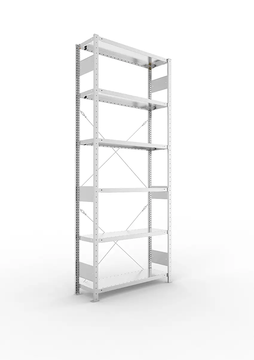 Meta Fachbodenregal Stecksystem S3 CLIP | Grundregal | HxBxT 250x100x30cm | 6 Ebenen | Fachlast 230kg | Einseitig nutzbar | Verzinkt
