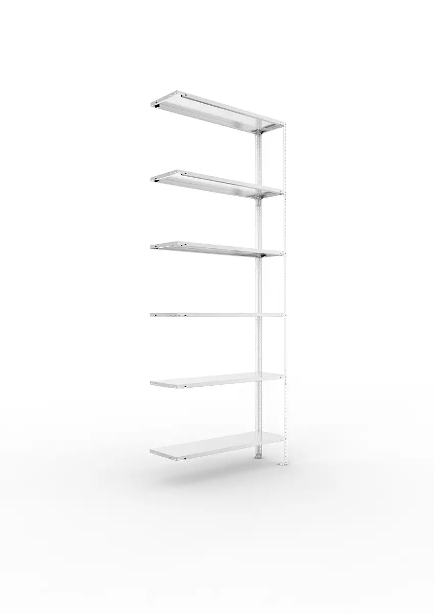 Meta Fachbodenregal Schraubsystem FIX | Anbauregal | HxBxT 250x100x30cm | 6 Ebenen | Fachlast 80kg | Einseitig nutzbar | Verzinkt