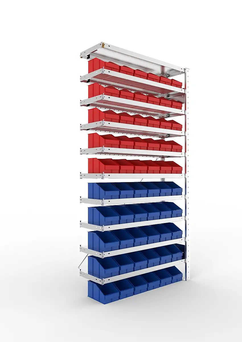 Meta Sichtlagerkastenregal Stecksystem S3 CLIP | Anbauregal | HxBxT 200x100x30cm | 10 Ebenen | Fachlast 100kg | inkl. 30 Sichtlagerkästen | Verzinkt