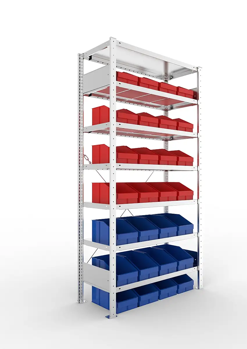Meta Sichtlagerkastenregal Stecksystem S3 CLIP | Grundregal | HxBxT 200x100x40cm | 7 Ebenen | Fachlast 100kg | inkl. 28 Sichtlagerkästen | Verzinkt