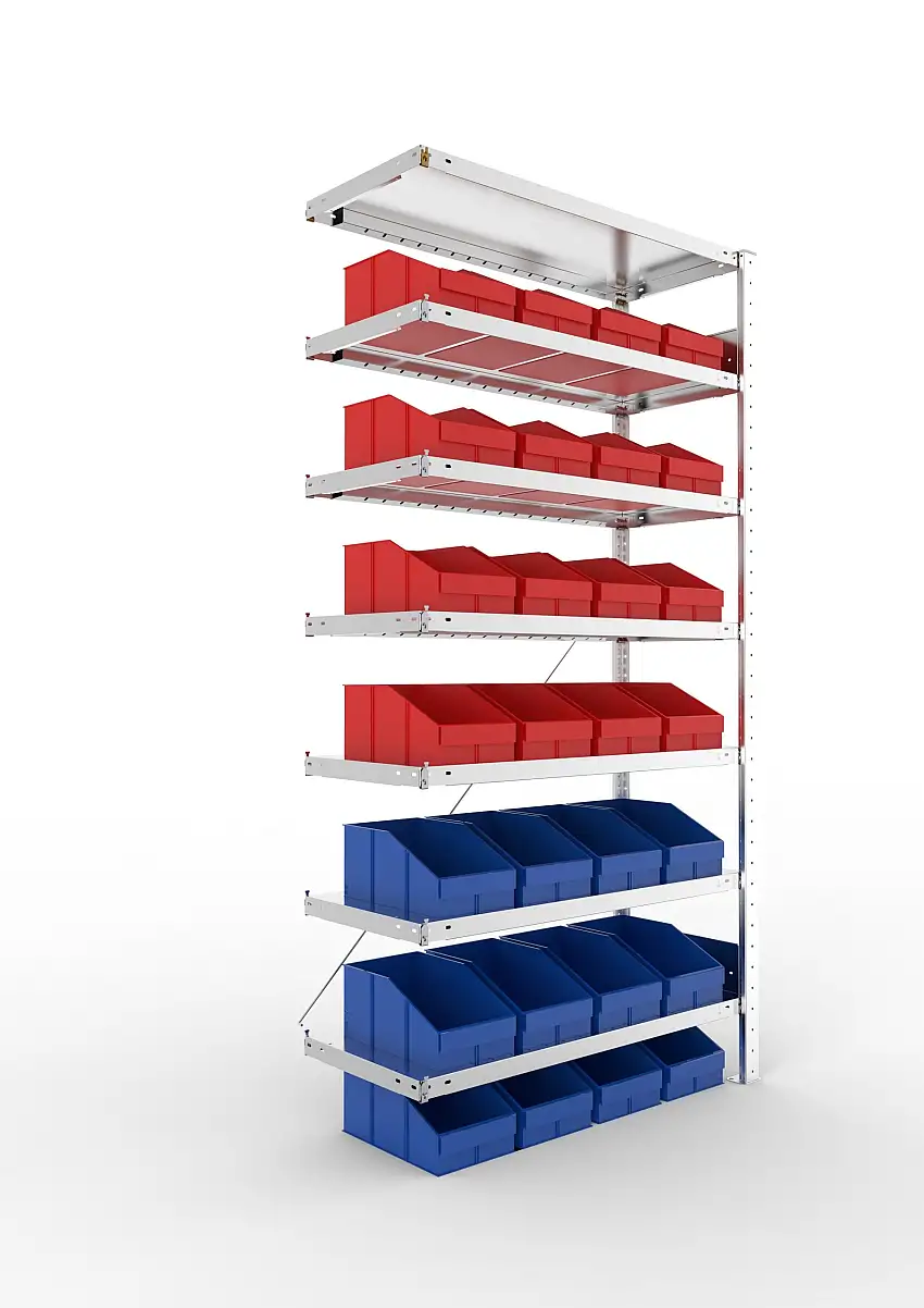 Meta Sichtlagerkastenregal Stecksystem S3 CLIP | Anbauregal | HxBxT 200x100x40cm | 7 Ebenen | Fachlast 100kg | inkl. 28 Sichtlagerkästen | Verzinkt