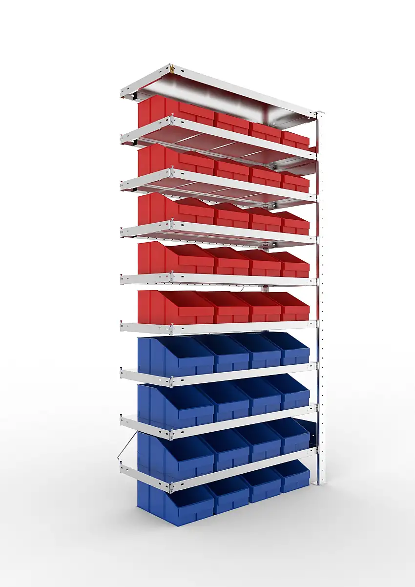 Meta Sichtlagerkastenregal Stecksystem S3 CLIP | Anbauregal | HxBxT 200x100x40cm | 9 Ebenen | Fachlast 100kg | inkl. 36 Sichtlagerkästen | Verzinkt