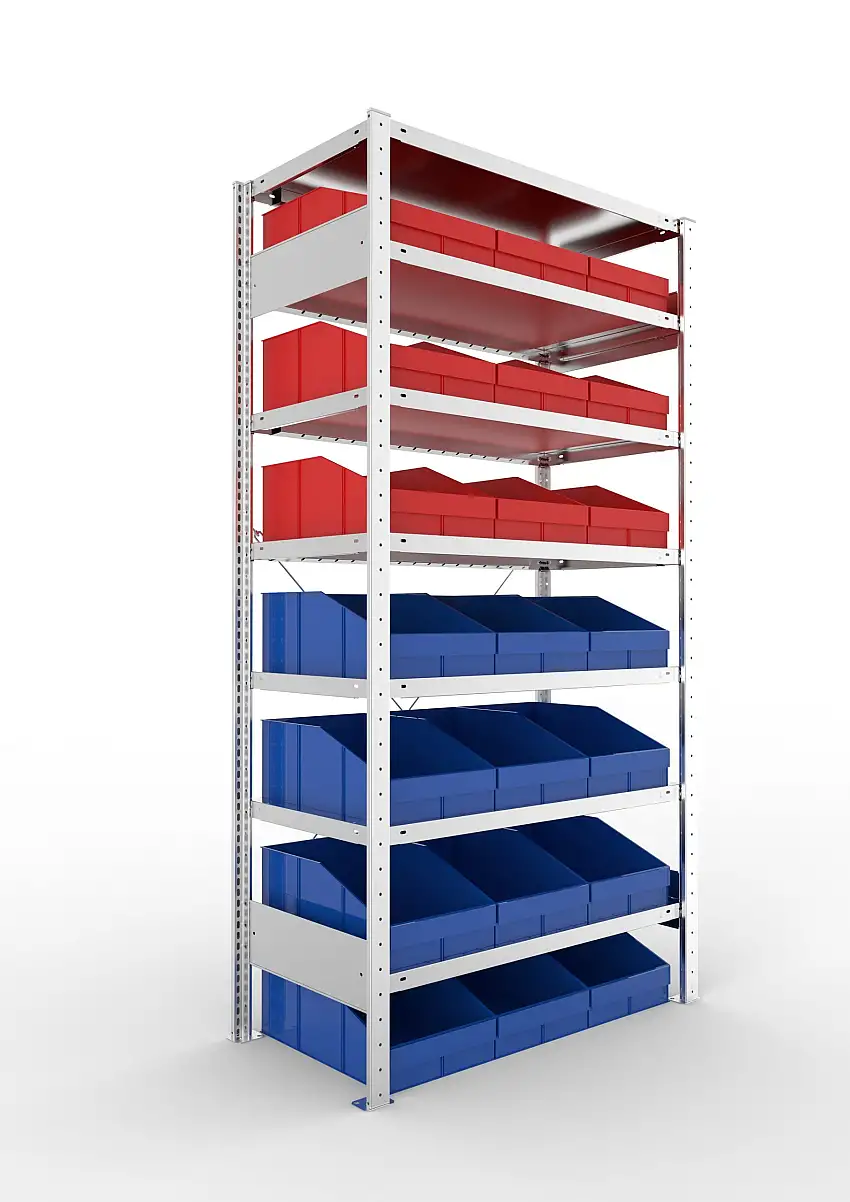 Meta Sichtlagerkastenregal Stecksystem S3 CLIP | Grundregal | HxBxT 200x100x50cm | 7 Ebenen | Fachlast 100kg | inkl. 21 Sichtlagerkästen | Verzinkt