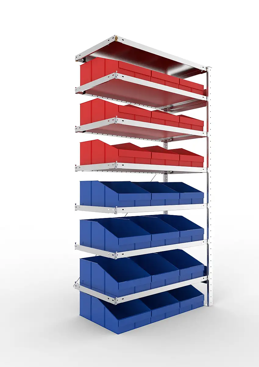 Meta Sichtlagerkastenregal Stecksystem S3 CLIP | Anbauregal | HxBxT 200x100x50cm | 7 Ebenen | Fachlast 100kg | inkl. 21 Sichtlagerkästen | Verzinkt