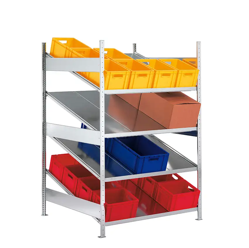Meta Schrägbodenregal Stecksystem S3 CLIP | Grundregal | HxBxT 200x100x123cm | 4 Ebenen | Fachlast 200kg | Einseitig nutzbar | Verzinkt