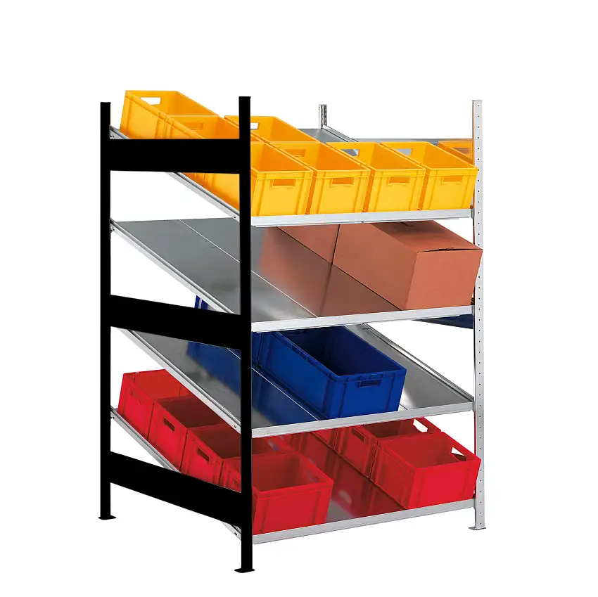 Meta Schrägbodenregal Stecksystem S3 CLIP | Anbauregal | HxBxT 200x100x123cm | 4 Ebenen | Fachlast 200kg | Einseitig nutzbar | Verzinkt