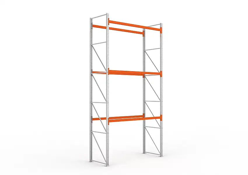 Meta Palettenregal MULTIPAL | Light-Duty | Grundregal | HxBxT 550x270x110cm | 4 Ebenen | Fachlast 1500kg | Verzinkt/Orange