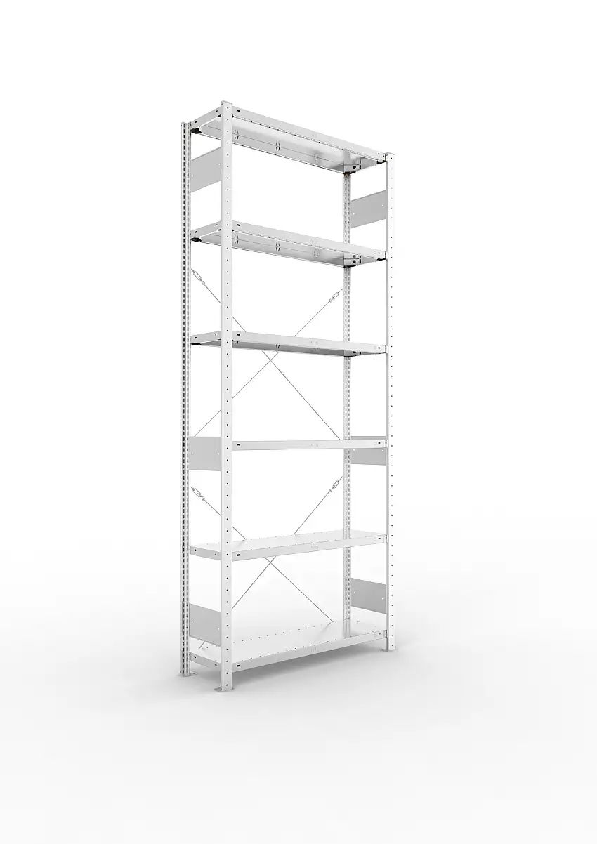 Meta Fachbodenregal Stecksystem S3 CLIP | Grundregal | HxBxT 250x100x30cm | 6 Ebenen | Fachlast 150kg | Einseitig nutzbar | Verzinkt