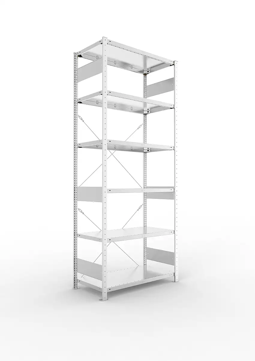 Meta Fachbodenregal Stecksystem S3 CLIP | Grundregal | HxBxT 250x100x50cm | 6 Ebenen | Fachlast 150kg | Einseitig nutzbar | Verzinkt