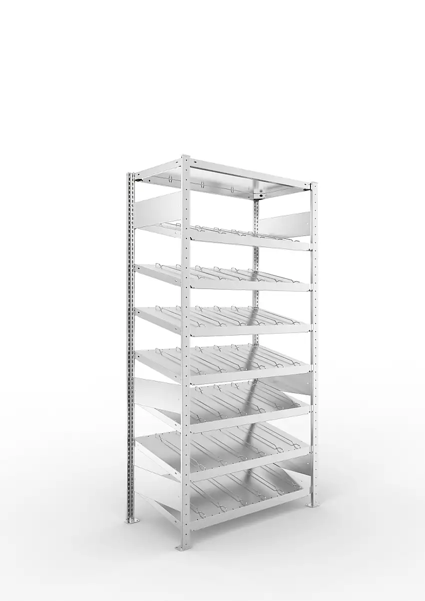 Meta Schrägbodenregal Stecksystem S3 CLIP mit Fachteilerdrähten | Grundregal | HxBxT 200x100x50cm | 8 Ebenen | Fachlast 200kg | Einseitige Bauart | Verzinkt