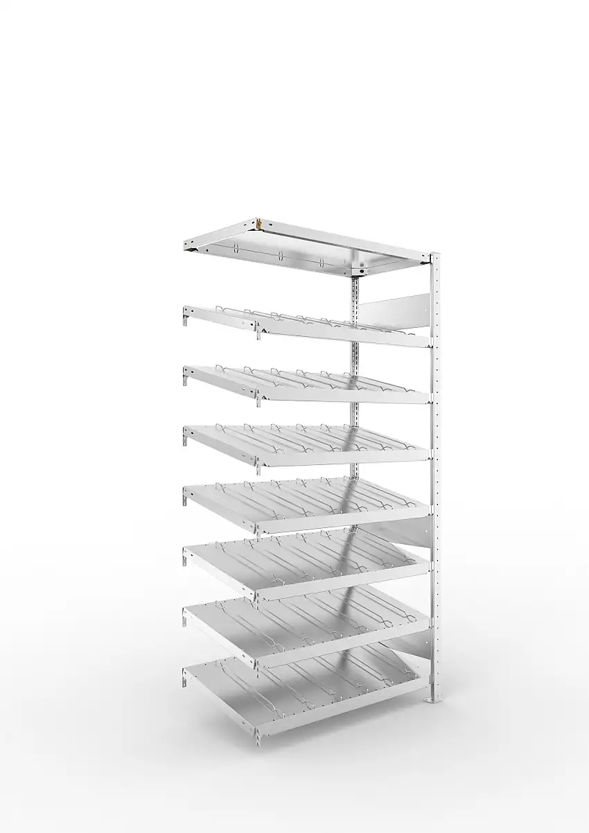 Meta Schrägbodenregal Stecksystem S3 CLIP mit Fachteilerdrähten | Anbauregal | HxBxT 200x100x50cm | 8 Ebenen | Fachlast 200kg | Einseitige Bauart | Verzinkt