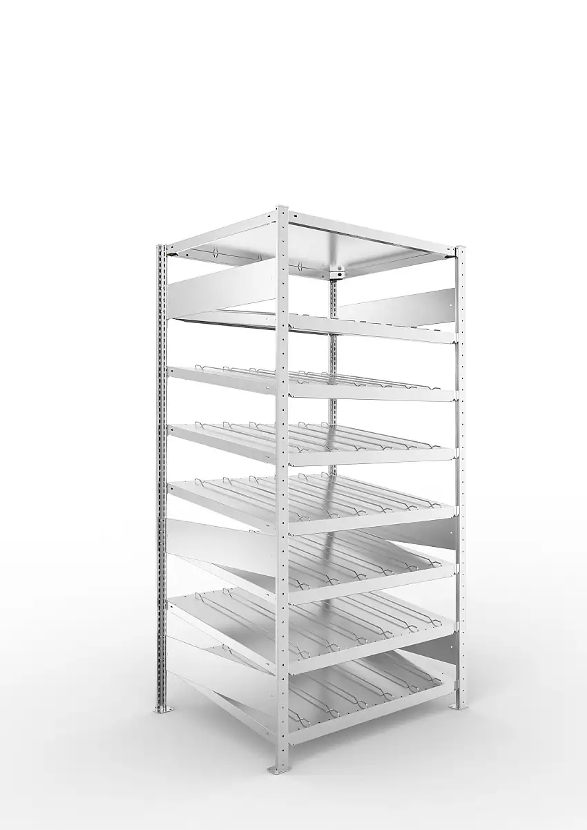 Meta Schrägbodenregal Stecksystem S3 CLIP mit Fachteilerdrähten | Grundregal | HxBxT 200x100x80cm | 8 Ebenen | Fachlast 200kg | Einseitige Bauart | Verzinkt