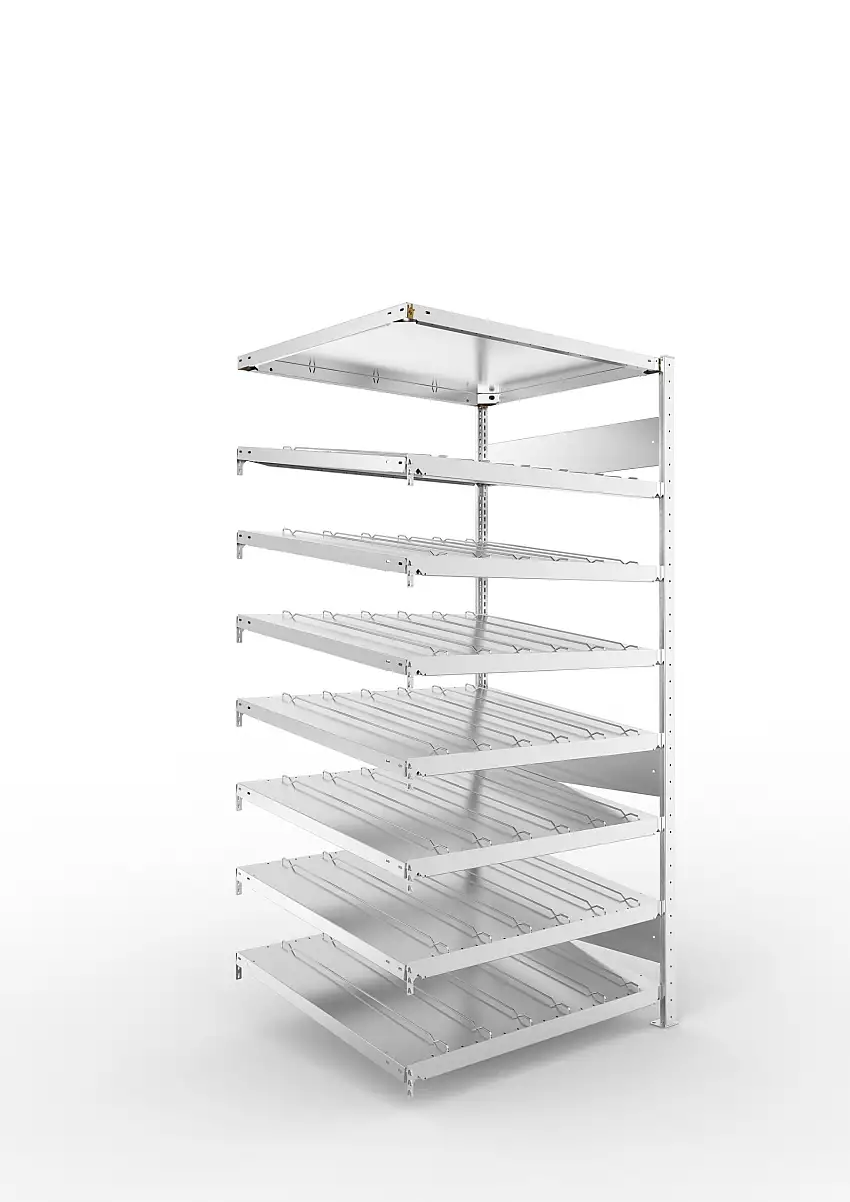 Meta Schrägbodenregal Stecksystem S3 CLIP mit Fachteilerdrähten | Anbauregal | HxBxT 200x100x80cm | 8 Ebenen | Fachlast 200kg | Einseitige Bauart | Verzinkt