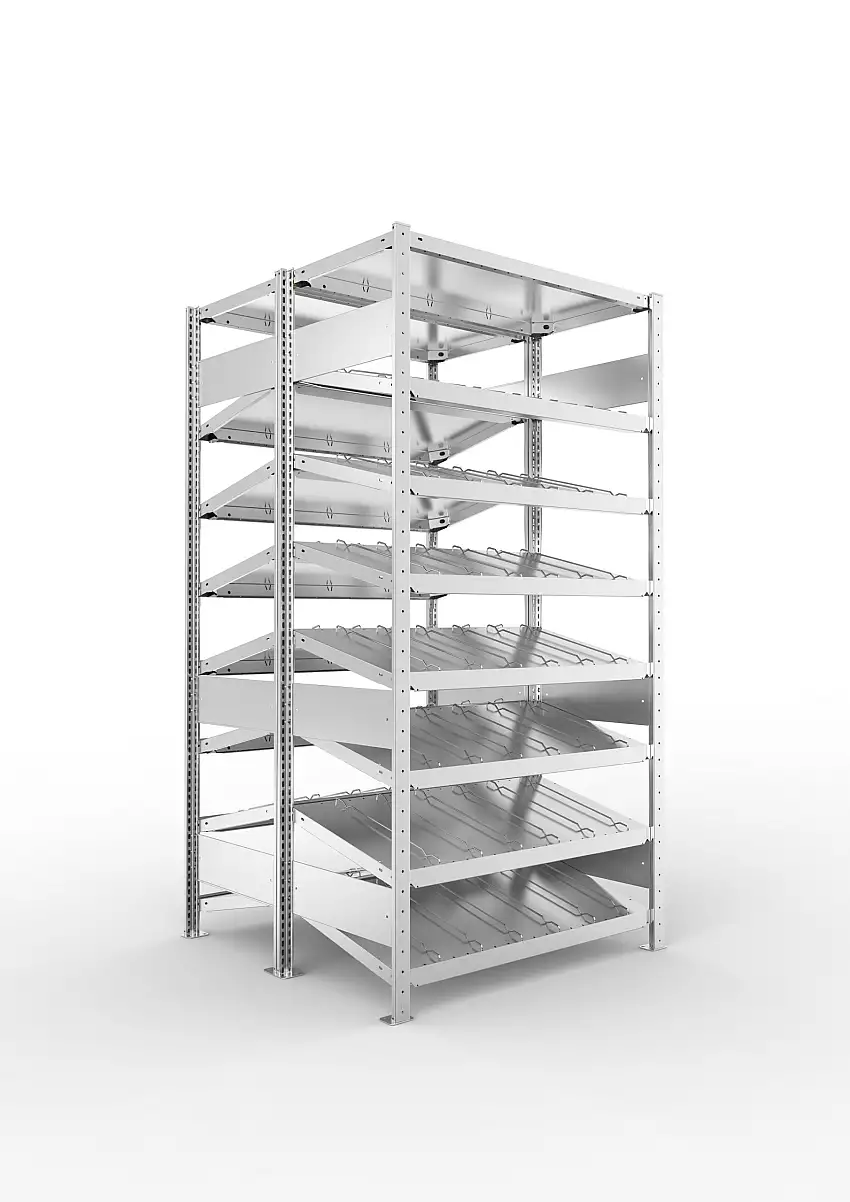 Meta Schrägbodenregal Stecksystem S3 CLIP mit Fachteilerdrähten | Grundregal | HxBxT 200x100x100cm | 8 Ebenen | Fachlast 200kg | Doppelseitige Bauart | Verzinkt